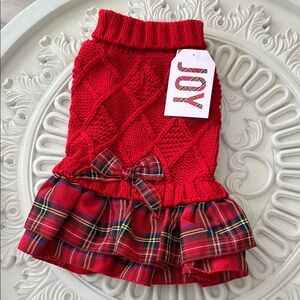 Red Knit Dog Sweater with Plaid Skirt SMALL NWT